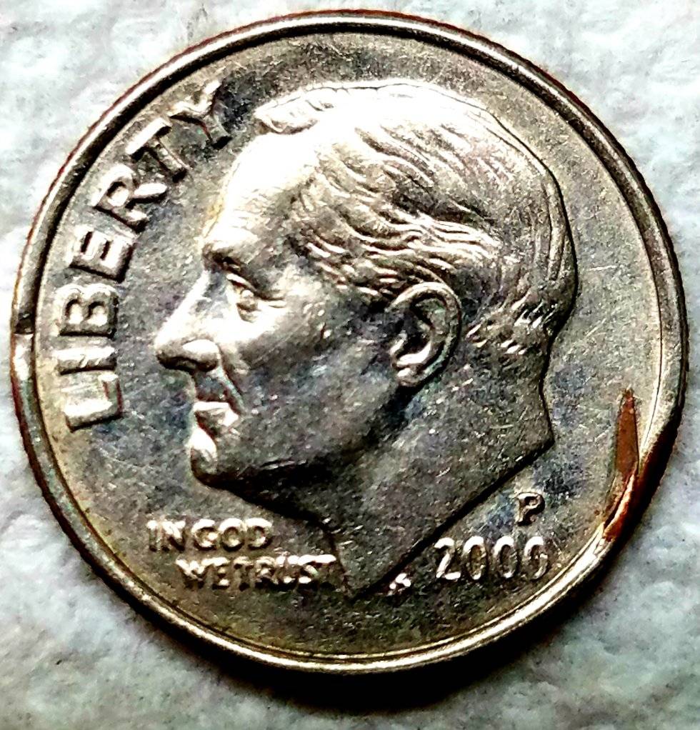 2000-P-Roosevelt-Dime-Struck-Through-And-Attached-On-Obverse?